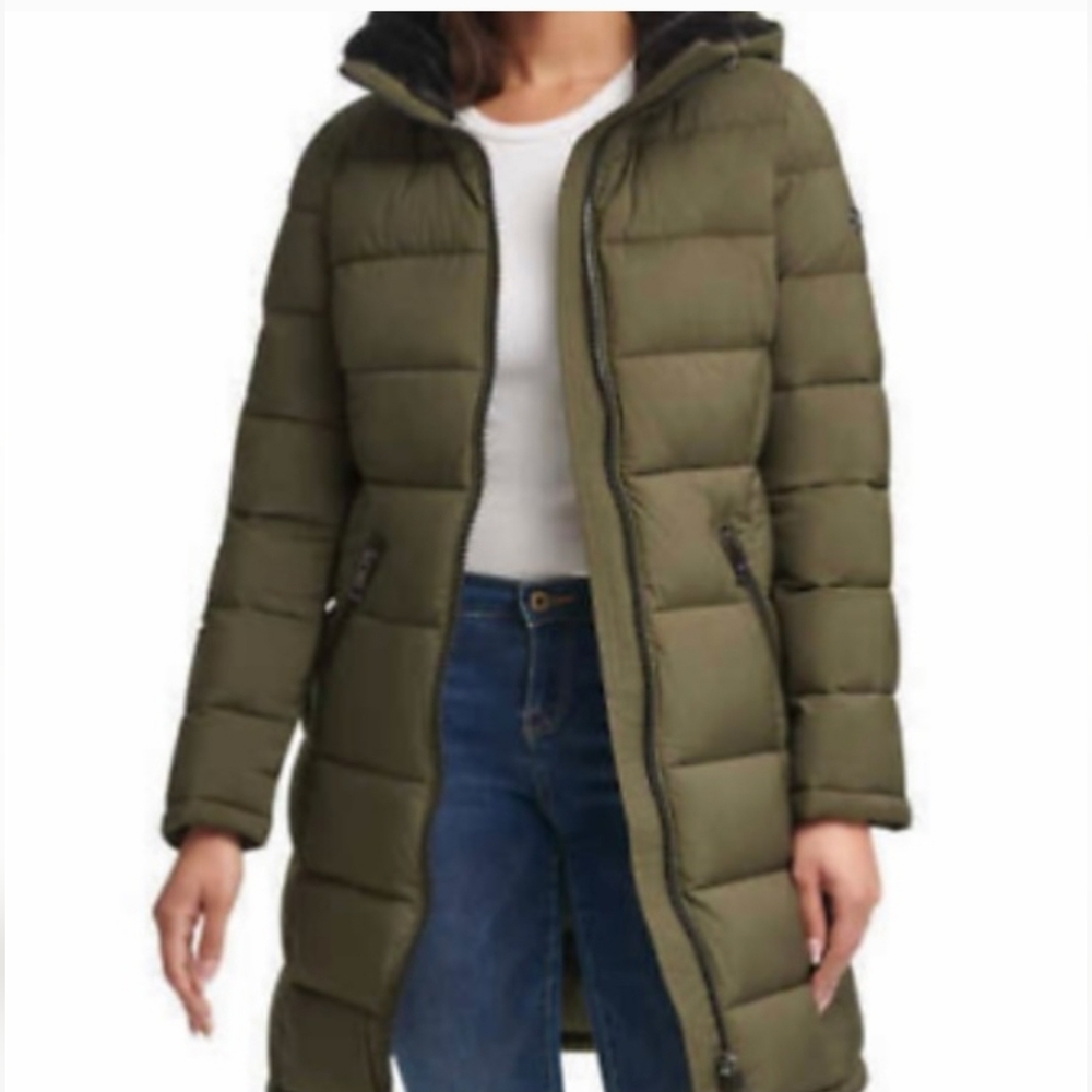 🆕️ ANDREW MARC Olive Green Quilted Faux Fur Hooded Puffer Jacket SIZE: XL